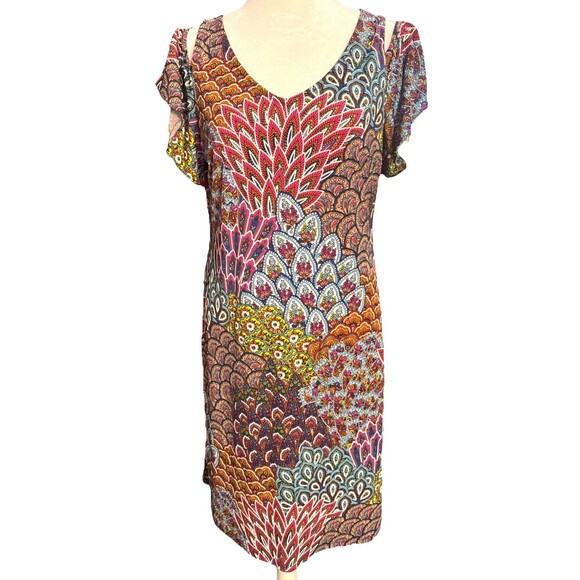 MSK Dresses & Skirts - MSK Womens Multicolor Floral V-Neck Cold Shoulder Shift Dress PS Boho 70s Retro